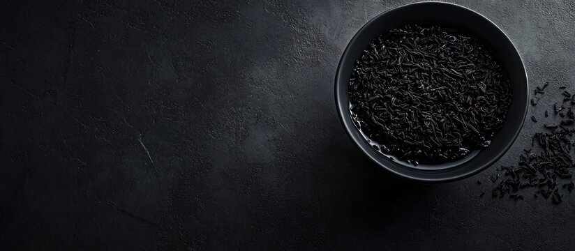 Black cumin seeds in a dark bowl on a textured surface with copy space for text.