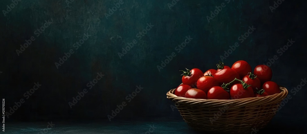 Aufkleber basket of fresh red tomatoes on a wooden table with dark background and ample copy space for text pl