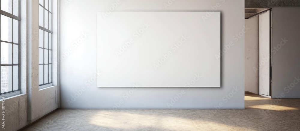 Poster empty gallery space with large blank canvas on wall and natural light from windows copy space
