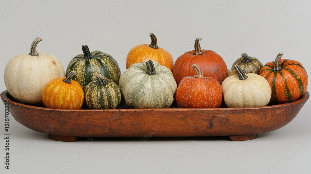 Poster assorted pumpkins in a wooden bowl on a neutral background with copy space for text addition
