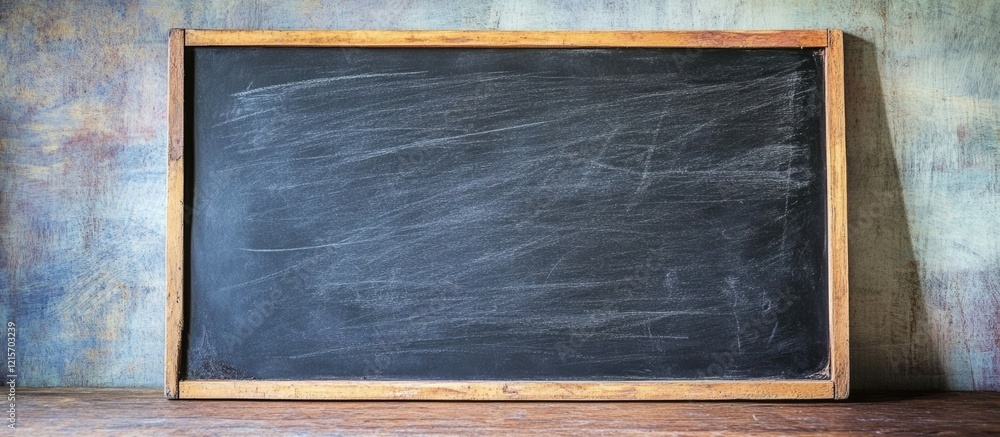 Poster black chalkboard with wooden frame on textured background displaying empty surface for text or graph