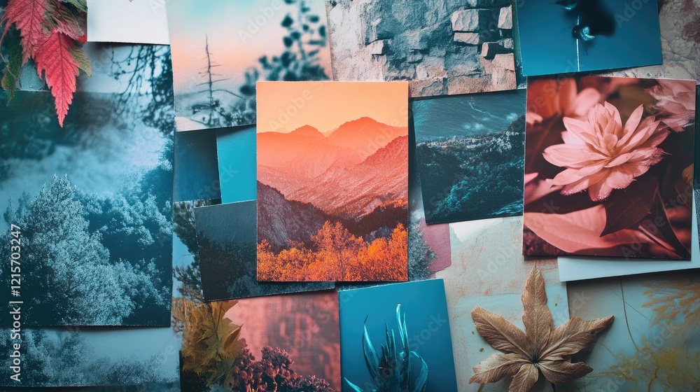 Poster assorted colorful photographs displayed on a textured surface featuring nature and landscapes with c