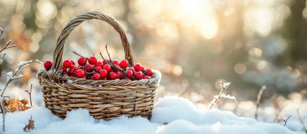 Poster basket filled with red berries in snow with soft sunlight in background copy space