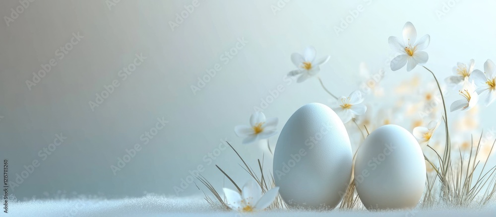 Poster delicate white eggs surrounded by soft flowers on a light background with ample copy space for text 