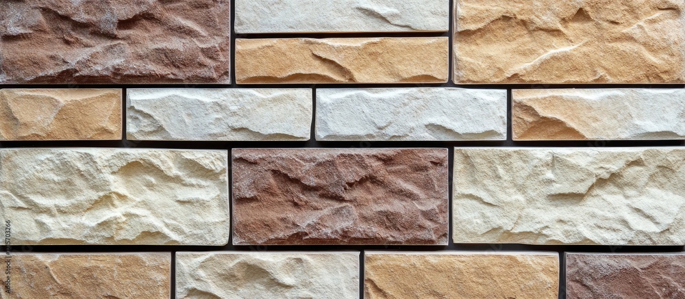Poster textured stone wall with various brown and beige stone blocks and copy space for design use