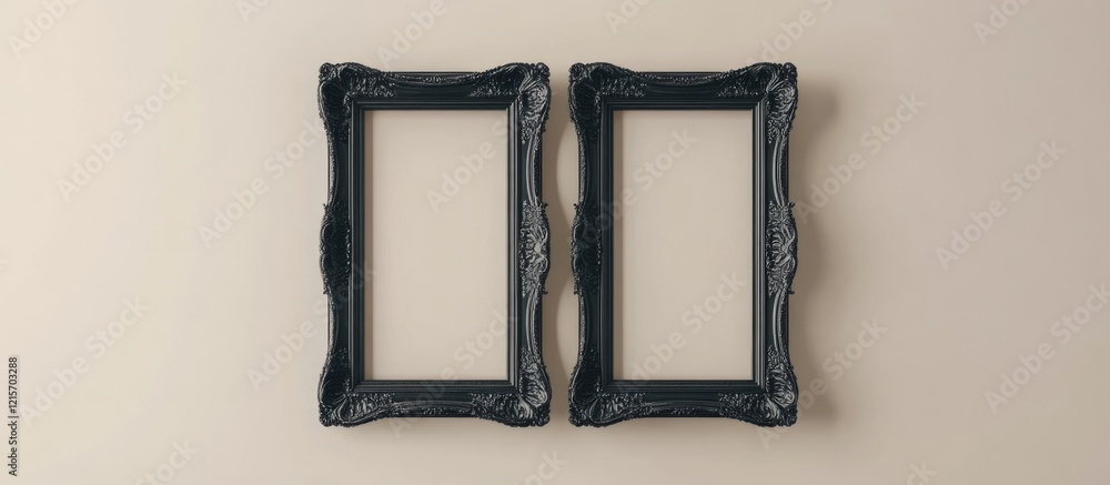 Poster empty vintage picture frames on a light wall with ample copy space for text or images.