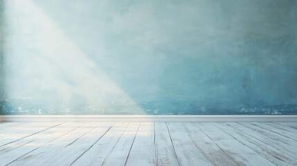 Empty room interior with wooden floor and light beam illuminating textured blue wall Copy Space