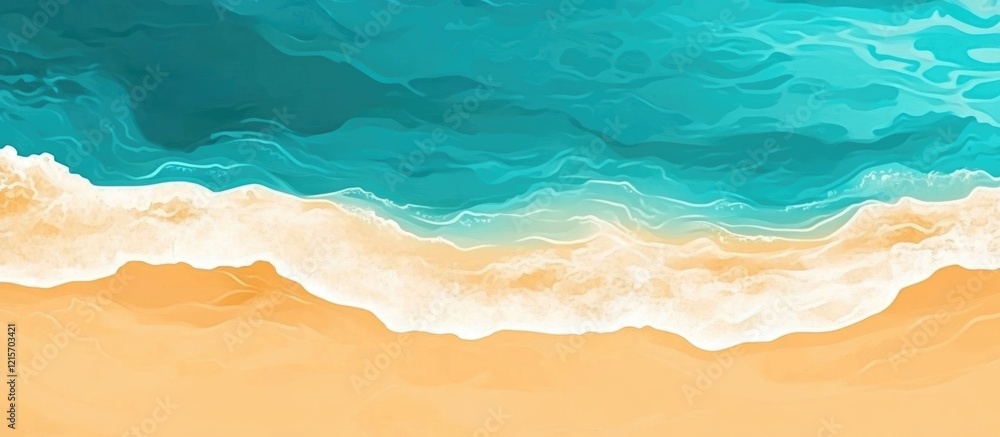 Poster aerial view of turquoise ocean waves meeting sandy beach with smooth flowing patterns and copy space