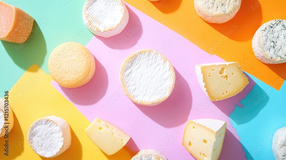Poster Assorted cheese varieties arranged on colorful pastel backgrounds with ample copy space for text placement