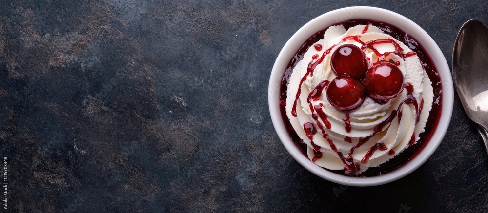 Poster bowl of whipped cream topped with cherries and raspberry sauce on dark textured background with copy