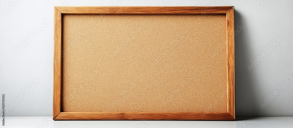 Poster empty wooden frame with cork board surface on a light background featuring ample copy space for text
