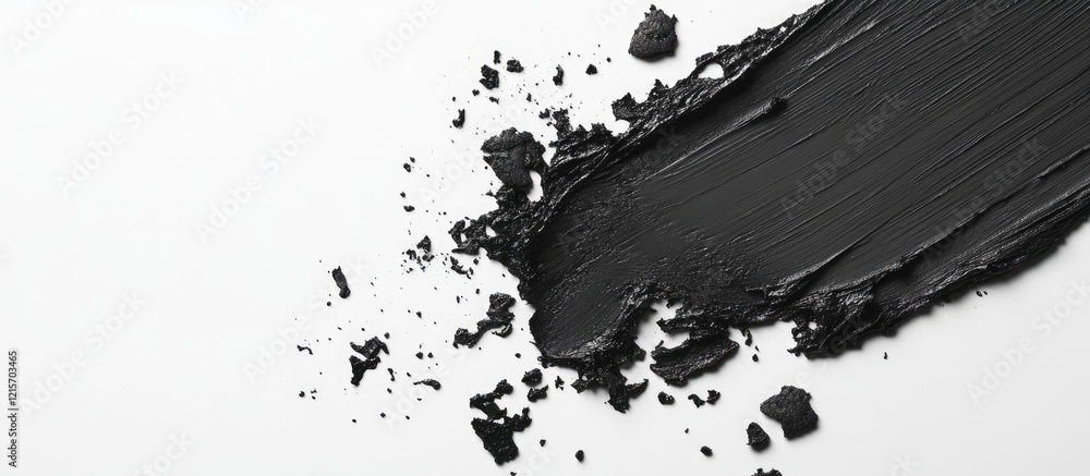 Poster black paint smear and scattered texture on white background with copy space for design or artistic c