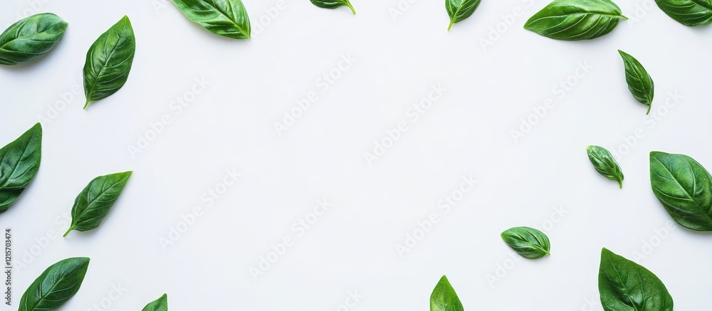Poster green basil leaves arranged in a circular pattern on a white background with copy space for text pla