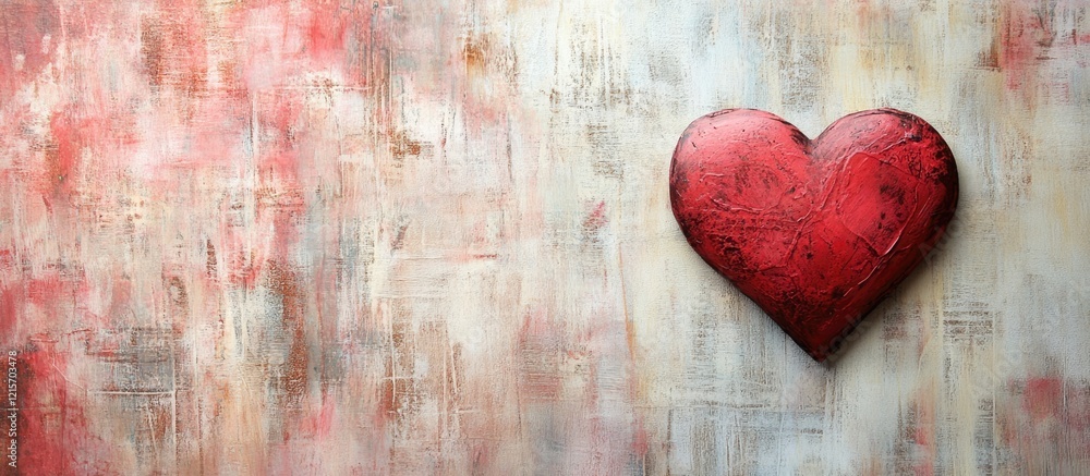Poster red heart symbol on abstract textured background with muted colors and copy space for text placement