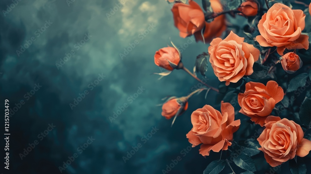 Aufkleber orange roses on a dark textured background with muted colors featuring copy space for text insertion