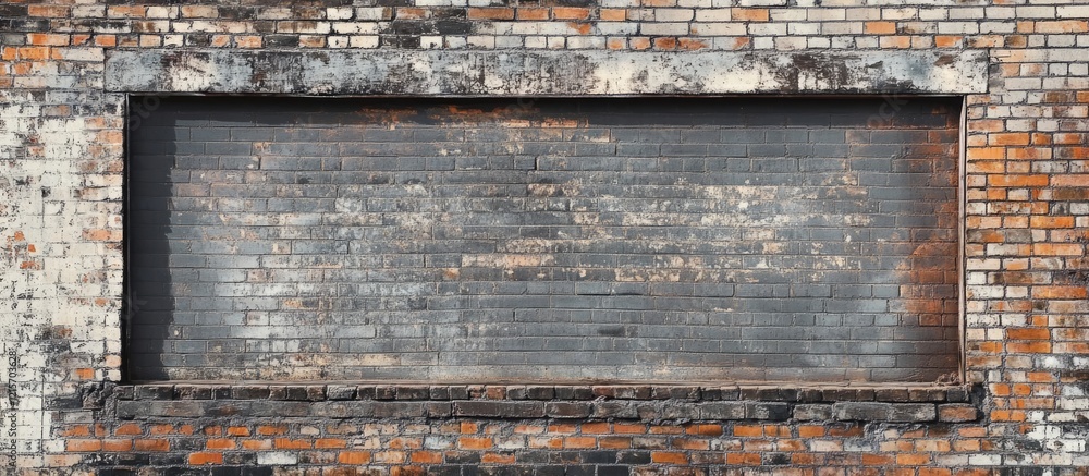 Poster weathered brick wall with peeling paint and a large empty rectangular space creating potential for t