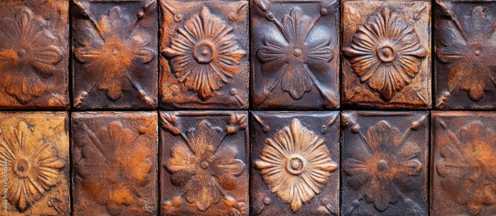 Poster vintage embossed metal tiles with floral patterns arranged in a grid showing rust and patina texture