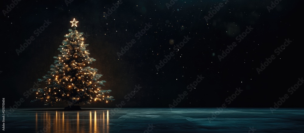 Poster christmas tree with decorations and lights in a dark setting with reflection on the ground copy spac
