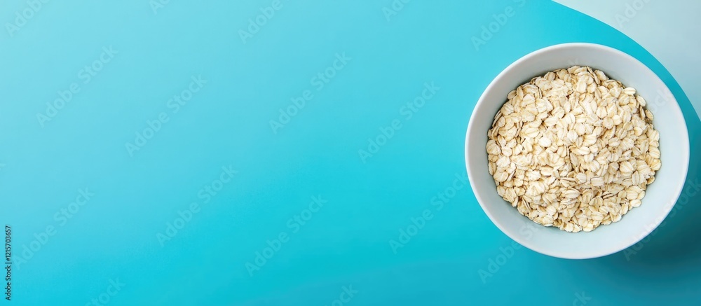 Poster bowl of uncooked oats on a bright blue background with ample copy space for text insertion