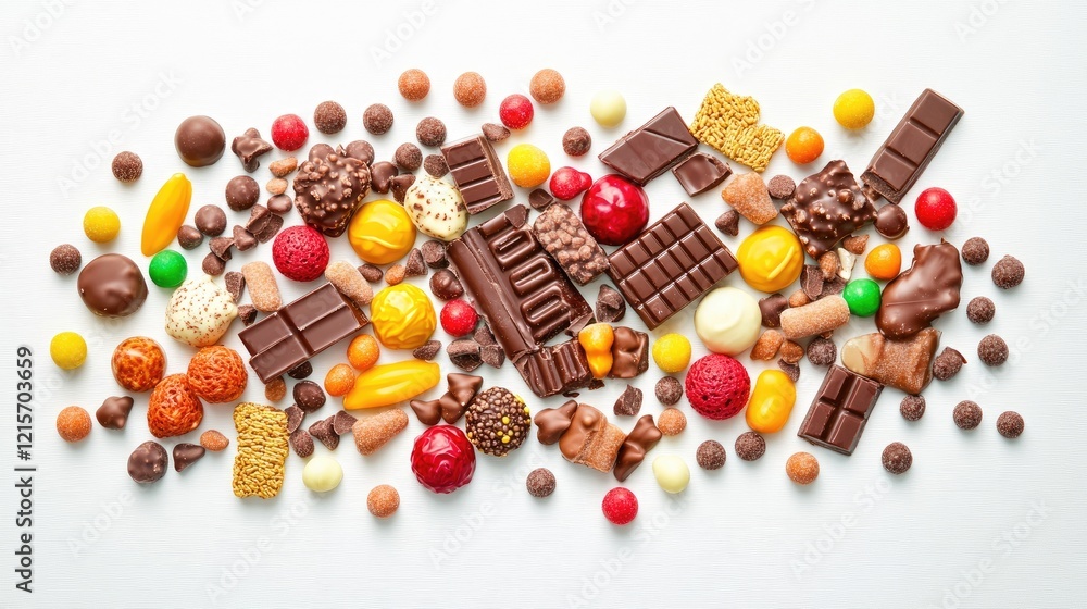 Poster assorted chocolate and candy selection on white background with copy space for text placement