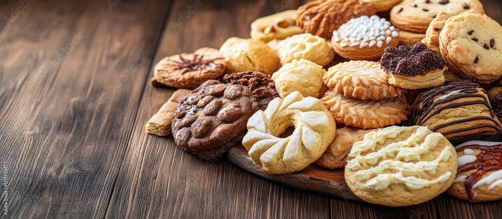 Poster Assorted homemade cookies on a wooden table with ample copy space for text.