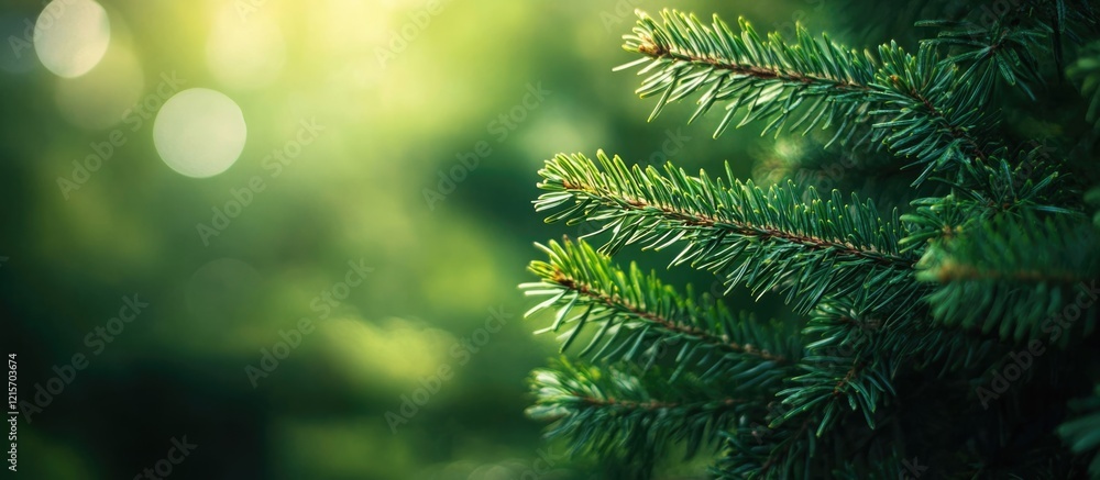 Poster close-up of evergreen tree branches with soft bokeh background and natural light copy space