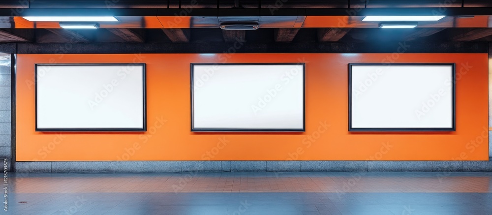 Aufkleber blank advertisement space on vibrant orange wall in modern urban setting with three empty frames and