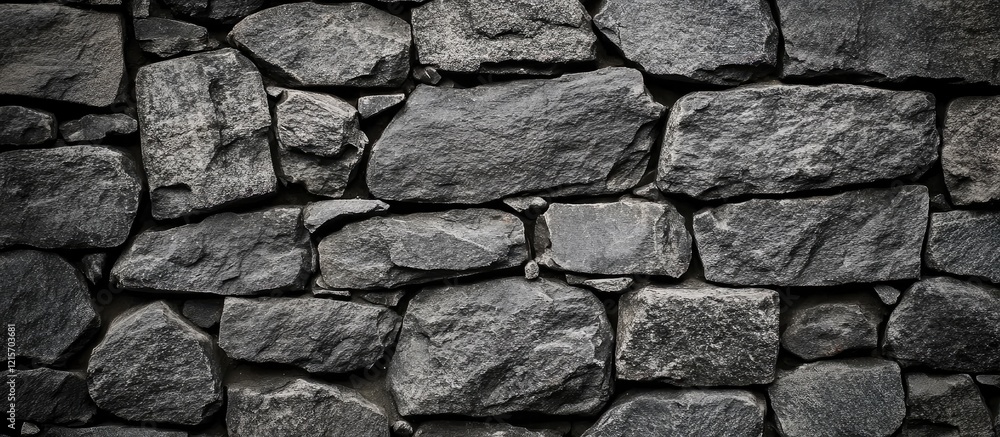 Aufkleber textured dark stone wall background with uneven surface and various sized stones, copy space availab