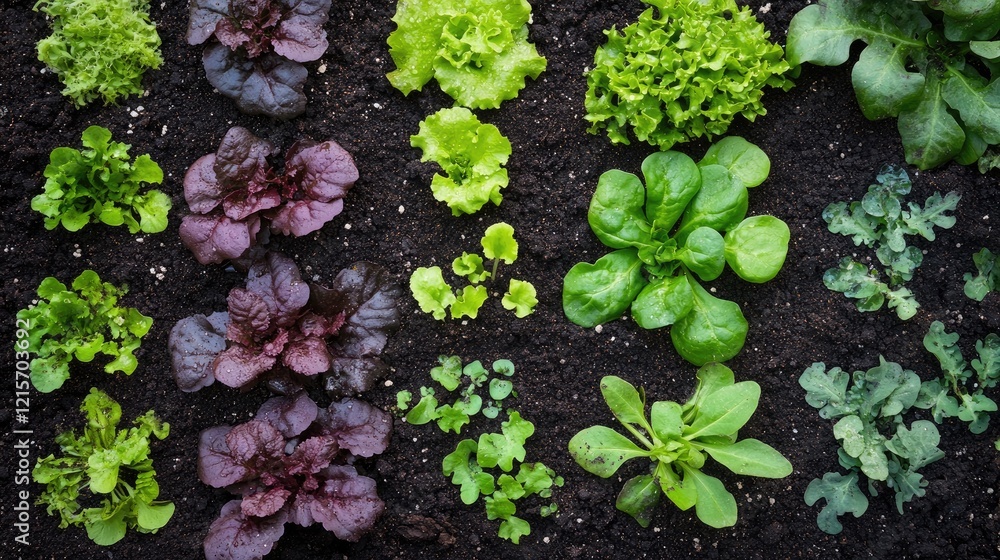 Poster freshly grown mixed salad greens arranged in rows on dark soil with copy space for text.