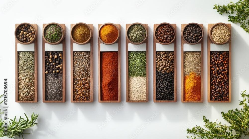 Poster colorful array of spices in wooden containers arranged neatly on a white surface with fresh herbs an