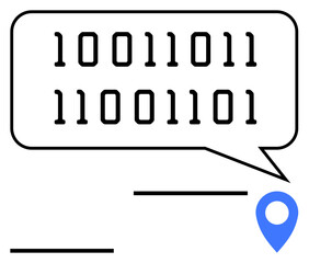 Binary code in chat bubble tied to blue location pin, representing data-sharing, communication, and geolocation. Ideal for tech, AI, coding, digital mapping AI interaction and data flow. Abstract