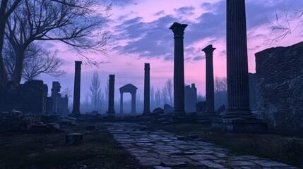 Ancient ruins at twilight with stone columns and a misty atmosphere, evoking a sense of history