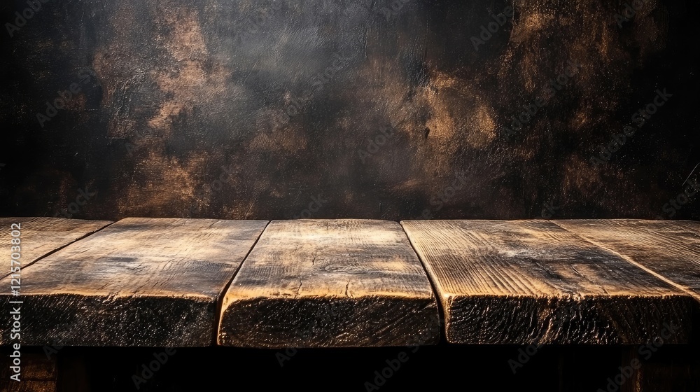 Poster rustic wooden tabletop with dark textured background ideal for product display and copy space.