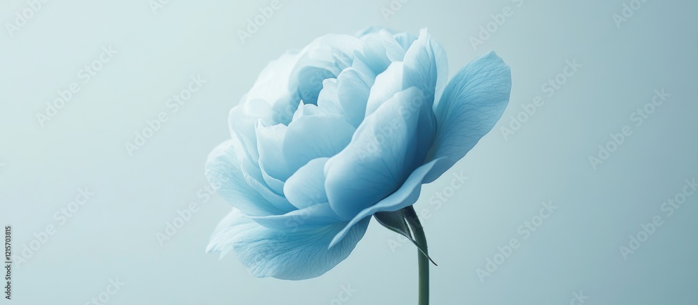 Poster blue flower on a stem with soft petals against a pale background displaying copy space for text plac