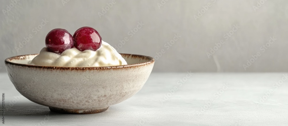 Poster bowl of yogurt topped with two red cherries on a light surface with copy space for text