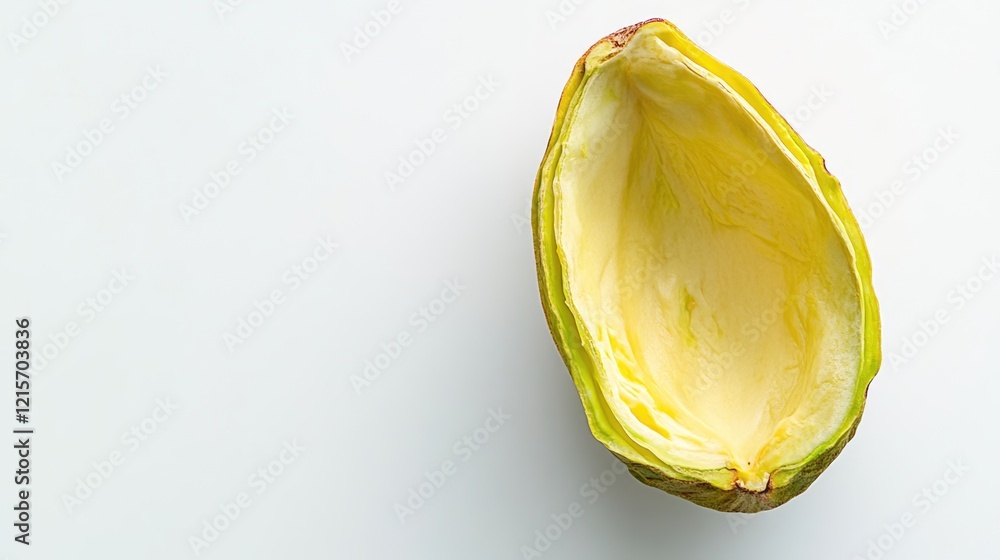 Poster peeled avocado half on light background with copy space for text placement