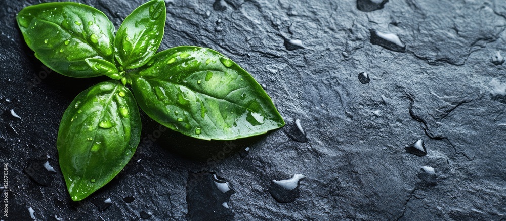 Poster fresh basil leaves with droplets of water on a dark slate background and copy space for text
