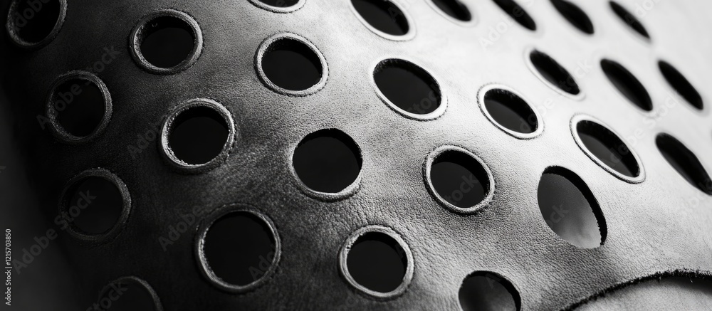 Poster close-up of textured surface with circular holes creating a pattern in black and white tones with co