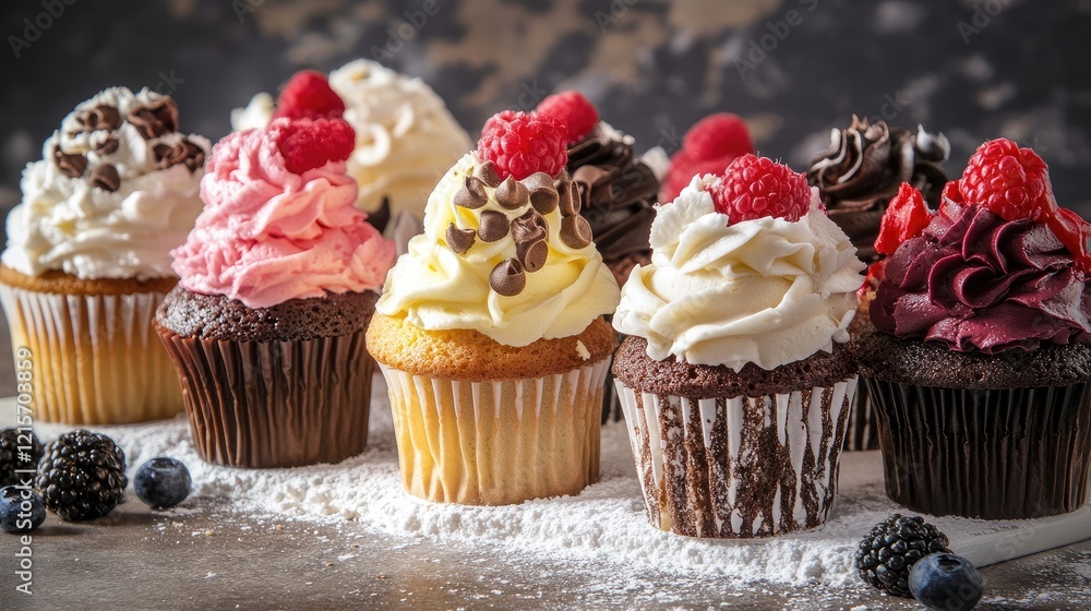 Aufkleber colorful assorted cupcakes with various frosting and toppings arranged on a wooden table with powder
