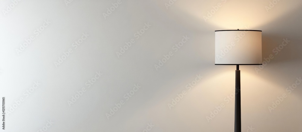Poster minimalist table lamp casting soft light on a plain wall with ample copy space for text placement.