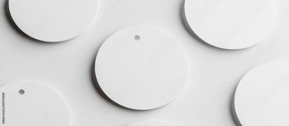 Poster white circular tags with holes arranged on a white background with copy space for text insertion.