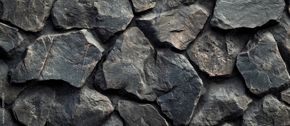 Poster textured dark stone wall background with irregularly shaped rocks and copy space for graphic design 