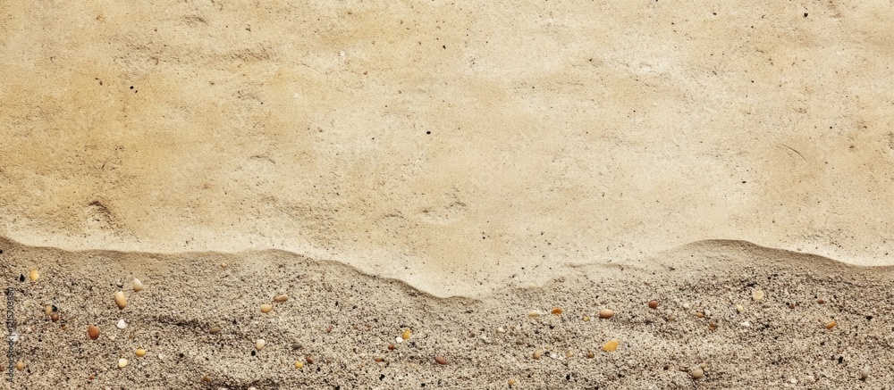 Poster sandy beach shoreline with gentle wave patterns and textured sand with copy space for text placement