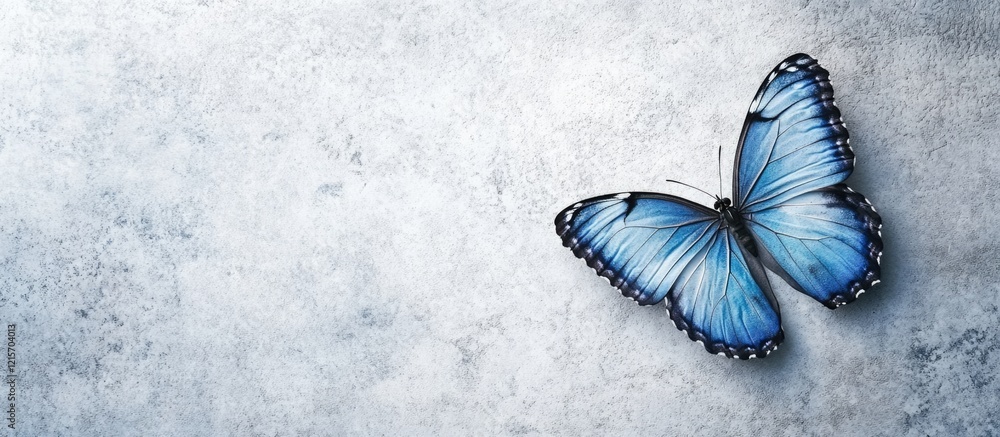 Poster blue butterfly on textured gray background with copy space for text placement.
