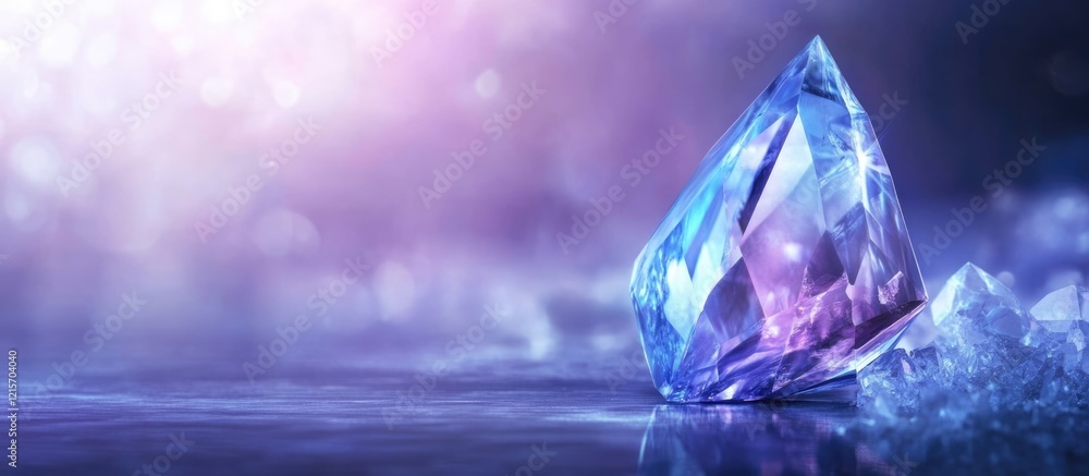 Poster colorful gemstone on reflective surface with soft bokeh background and copy space for text placement