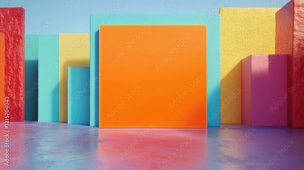 Poster Abstract composition of colorful geometric shapes in a minimalistic setting with Copy Space for text placement