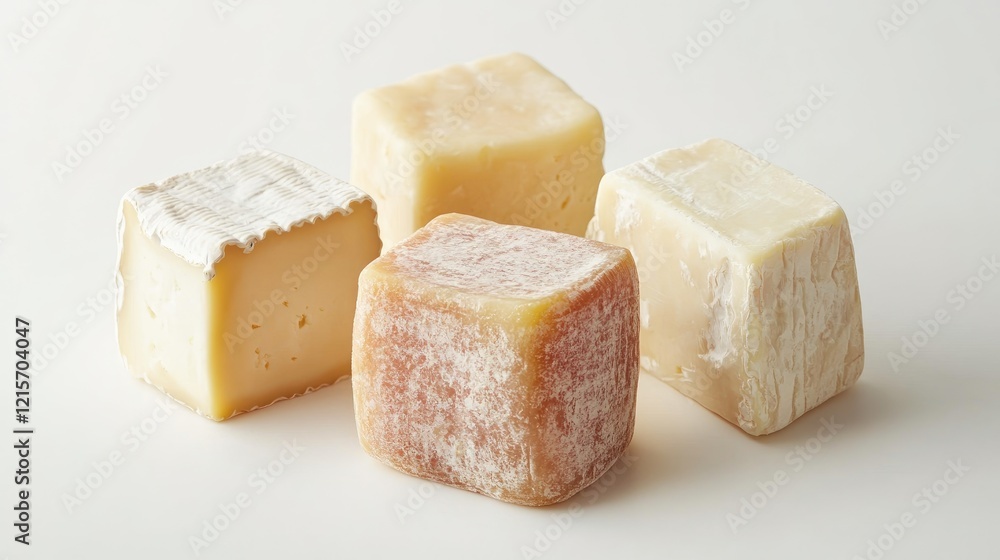 Poster assorted artisanal cheese cubes on white background with ample copy space for text or design element