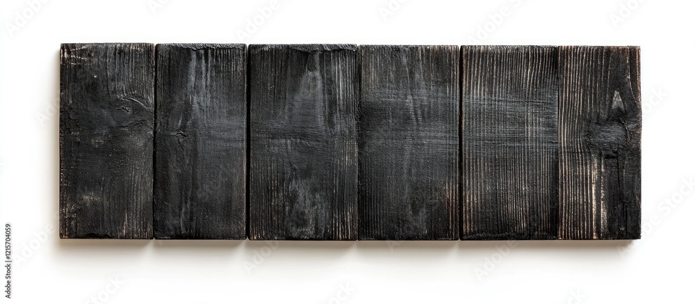 Poster black textured wooden planks arranged horizontally on a white background with ample copy space for t