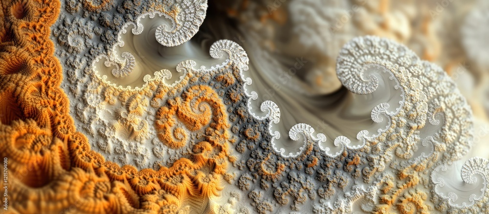 Poster abstract fractal pattern with intricate details in orange and white tones featuring swirling designs
