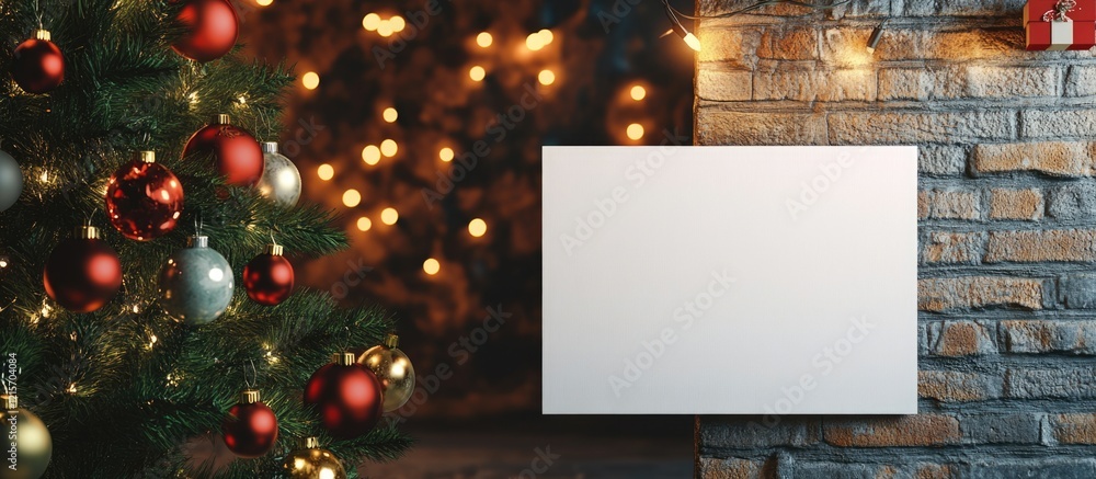 Poster christmas background with decorated tree lights and blank canvas on a stone wall for text placement 